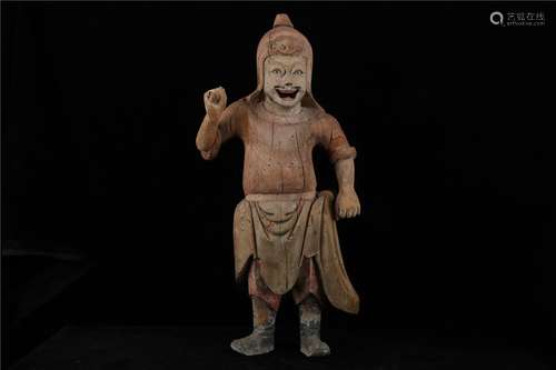 A CHINESE WOOD VARVED WARRIOR STATUE, QIANLONG PERIOD,