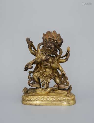 A CHINESE GILT-BRONZE FIGURE OF YAMANTAKA, QING DYNASTY