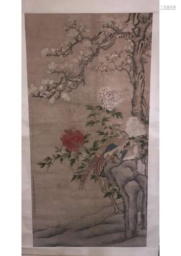 A CHINESE FLOWER AND BIRD PAPER SCROLL PAINTING,