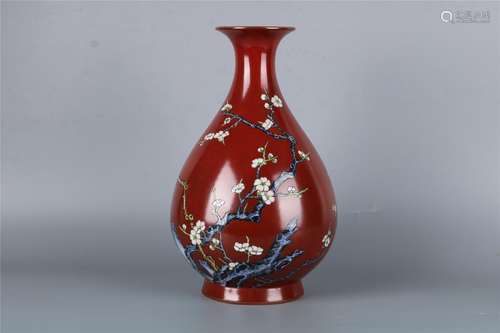 A CHINESE COPPER-RED FAMILLE ROSE YU HU CHUN BOTTLE,