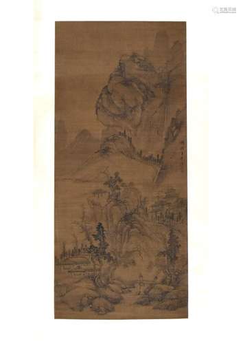 A CHINESE LANDSCAPE SILK SCROLL PAINTING, ATTRIBUTED TO