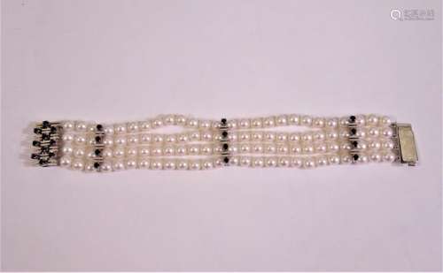 104 Pearl & Sapphire 4 Strand 18K Gold Bracelet