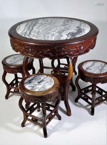 Chinese Rosewood Marble Top Table w Four Stools