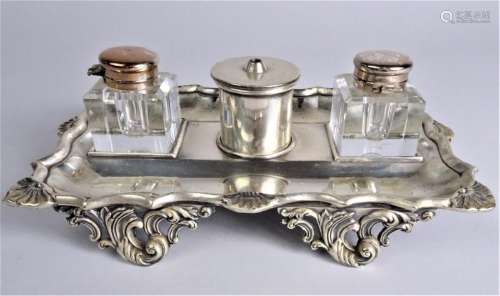 Vintage Double Glass and Silver Inkwell Set