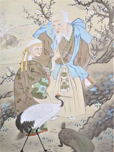 Chinese Scroll Painting with Figures and Cranes