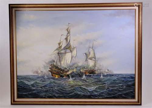 Large Oil Signed J Harvey, Clipper Ship Battle