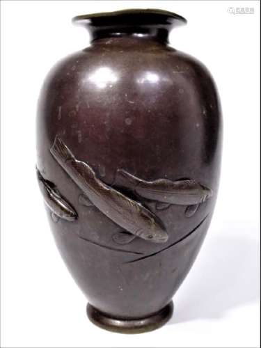 Japanese Bronze Vase with Raised Fish Decoration