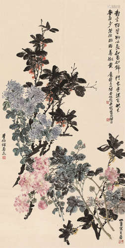 吴待秋（1878～1949）商笙伯（1869～1962）陈摩（1886～1945） 花卉 轴 设色纸本