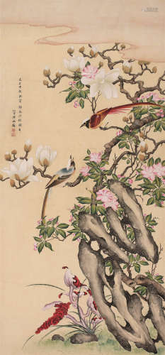 屈兆麟（1866～1937） 1929年作 花卉 轴 设色纸本