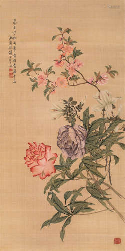 汤世澍（1831～1903） 花卉 轴 设色绢本