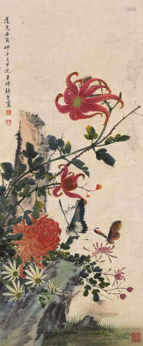 张熊（1803～1886） 花蝶图 立轴 设色纸本