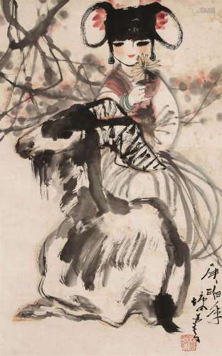 林墉（1942～） 少女牧羊 立轴 设色纸本