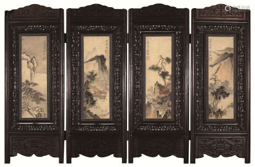 溥儒（1896～1963） 四屏山水 镜框 设色绢本