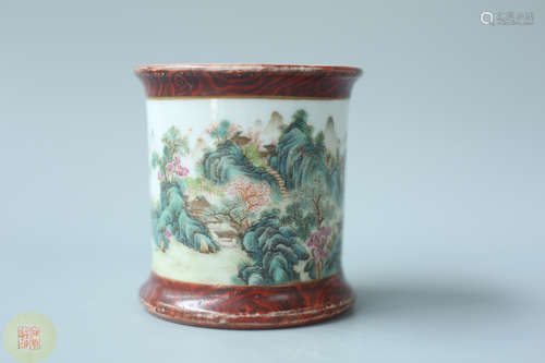 A FAMILLE ROSE BRUSH POT OF LANDSCAPE PATTERN