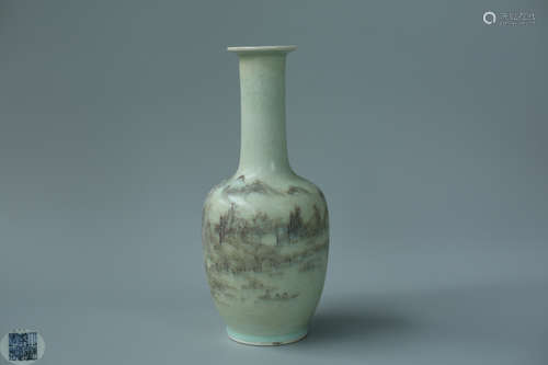 A GLAZED LONG-NECK VASE WITH LANDSCAPE DESIGNED