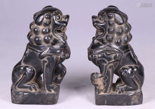 PAIR BLACK STONE CARVED LION SHAPED PENDANT