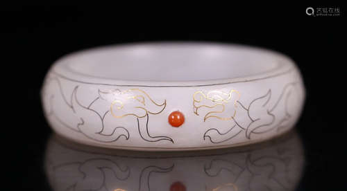 A HETIAN JADE CARVED GEM DECORATED BANGLE