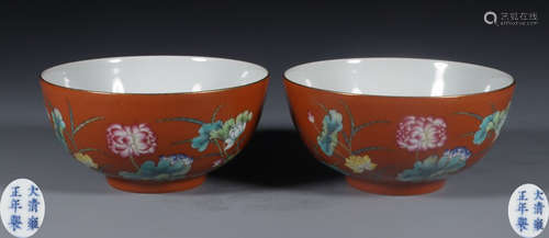 PAIR RED GLAZE LOTUS PATTERN BOWL