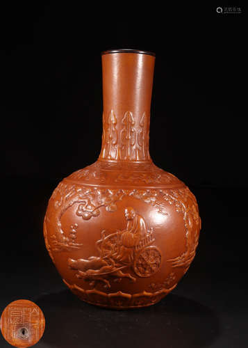 A LACQUER CARVED STORY PATTERN VASE