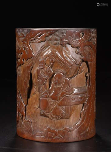 A BAMBOO CARVED STORY PATTERN PEN HOLDER