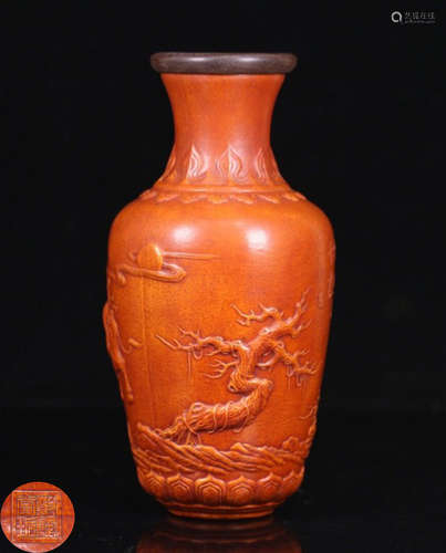 A LACQUER CARVED STORY PATTERN VASE