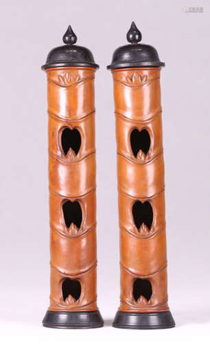 PAIR HUANGYANG WOOD CARVED HOLLOW INCENSE TUBE