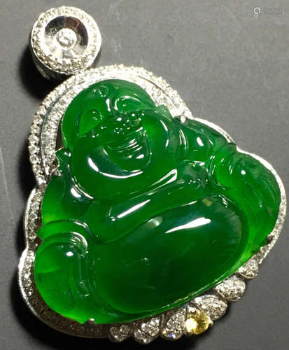 A GREEN JADEITE CARVED BUDDHA PENDANT, TYPE A