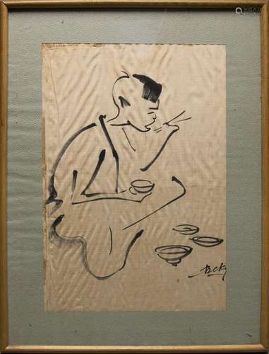 BE KY (né en 1938). Encre de Chine sur soie. Jeune…