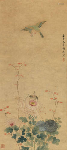 谢荪（清） 1680年作 秋菊翠鸟 立轴 设色洒金笺本