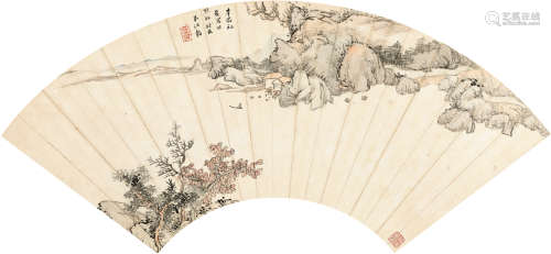 弘仁（1610～1663） 秋江放悼 扇面 设色纸本