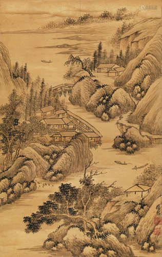 徐枋（1622～1694） 溪亭泛舟 立轴 设色泥金笺本