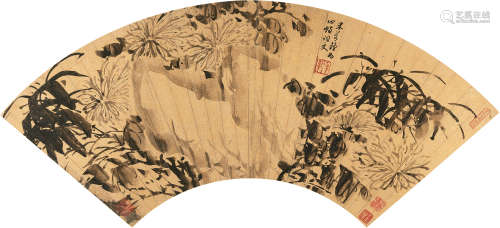 米万钟（1570～1628） 双清图 扇片 水墨泥金笺本