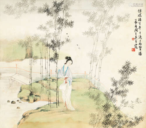吴青霞（1910～2008） 竹溪仕女 镜片 设色绢本