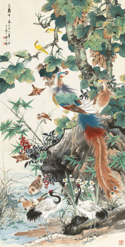 颜佰龙（1898～1955） 1945年作 百鸟朝凤 立轴 设色纸本