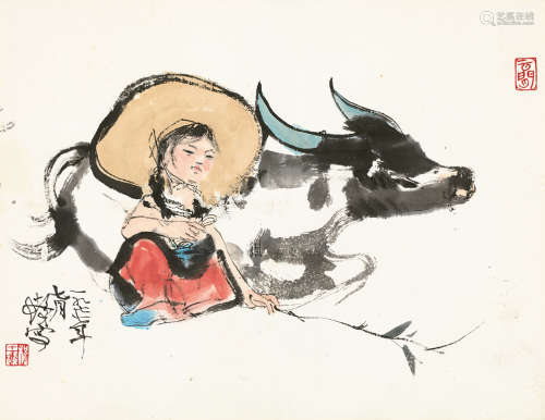 程十髪（1921～2007） 1977年作 牧牛图 镜片 设色纸本
