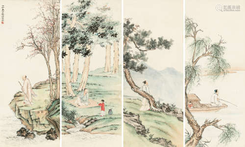 陈缘督（1902～1967） 1927年作 人物 四屏镜片 设色纸本