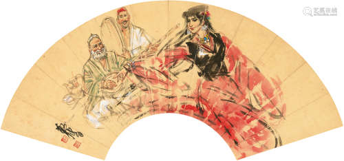 黄胄（1925～1997） 新疆人物 扇片 设色纸本