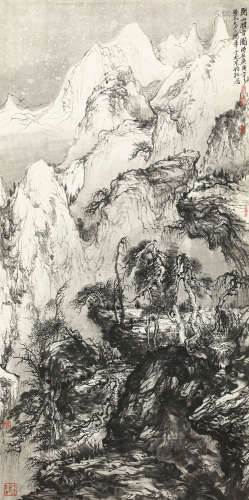 大土三阳（b.1955） 2010年作  关山积雪图 镜片 水墨纸本