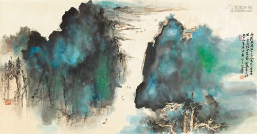 张大千（1899～1983） 1980年作 溪山泛舟图 镜片 设色纸本