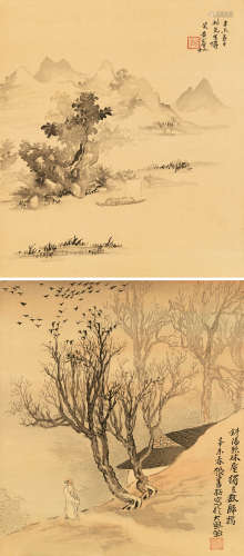 黄宾虹（1882～1940）张善孖（1865～1955） 1931年作 秋江图・斜阳归鸦 镜片 设色绢本