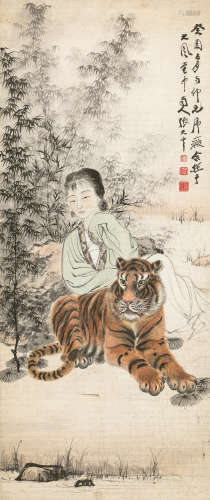 张大千（1899～1983）张善孖（1882～1940） 1933年作 仕女与虎 立轴 设色纸本