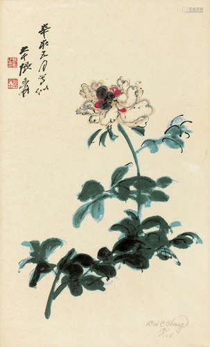 张大千 签名 版画 芙蓉花 镜框 纸本