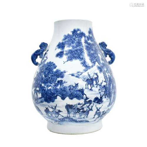 LARGE BLUE & WHITE HUNDRED DEER PORCELAIN VASE