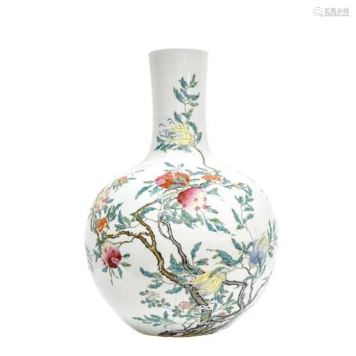 LARGE CHINESE FAMILLE ROSE POMEGRANATE CELESTIAL VASE