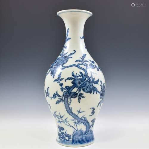 YONGZHENG BLUE & WHITE PEACH ABUNDANT WILLOW VASE