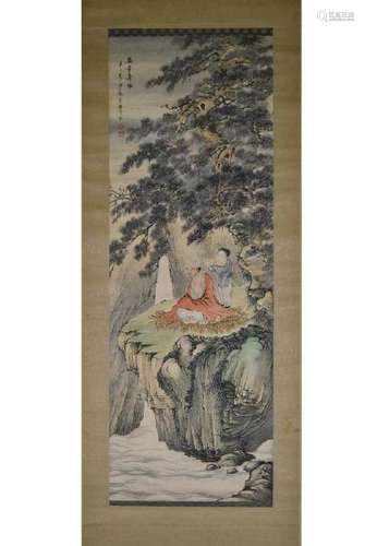 CHINESE PAINTING SCROLL OF DAMO IN LANDSCAPE