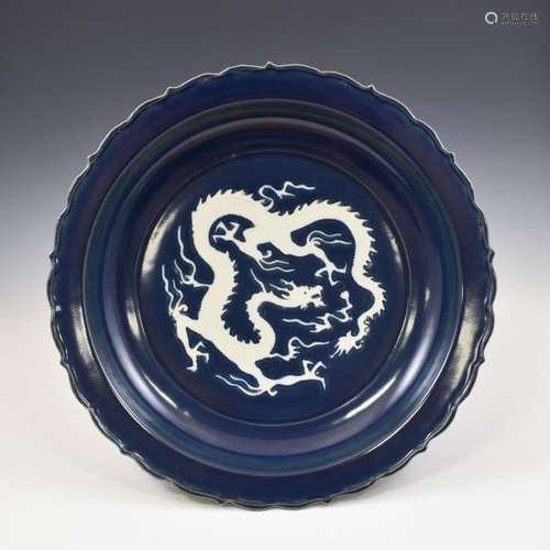 YUAN DYNASTY REVERSED BLUE DRAGON PLATE