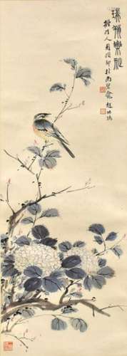 FINE CHINESE PAINTING OF PERCHED BIRD IN CHERRY BLOSSOM