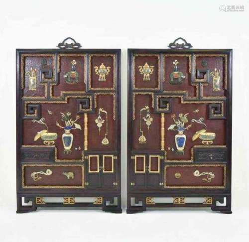 PAIR CLOISONNE & STONES INLAID LACQUERED WALL PLAQUES