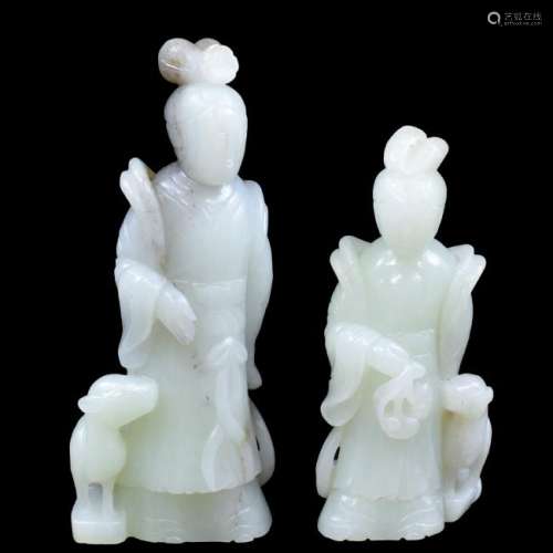 PAIR OF CARVED WHITE JADE OF FEMALE FIGURES